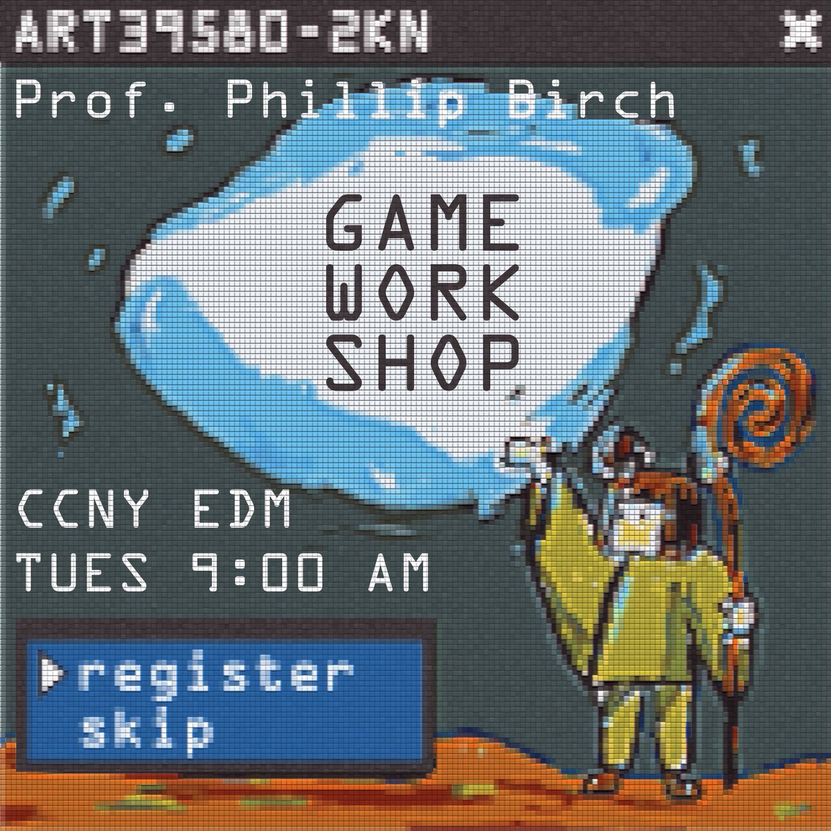 game workshop course poster with pixel art